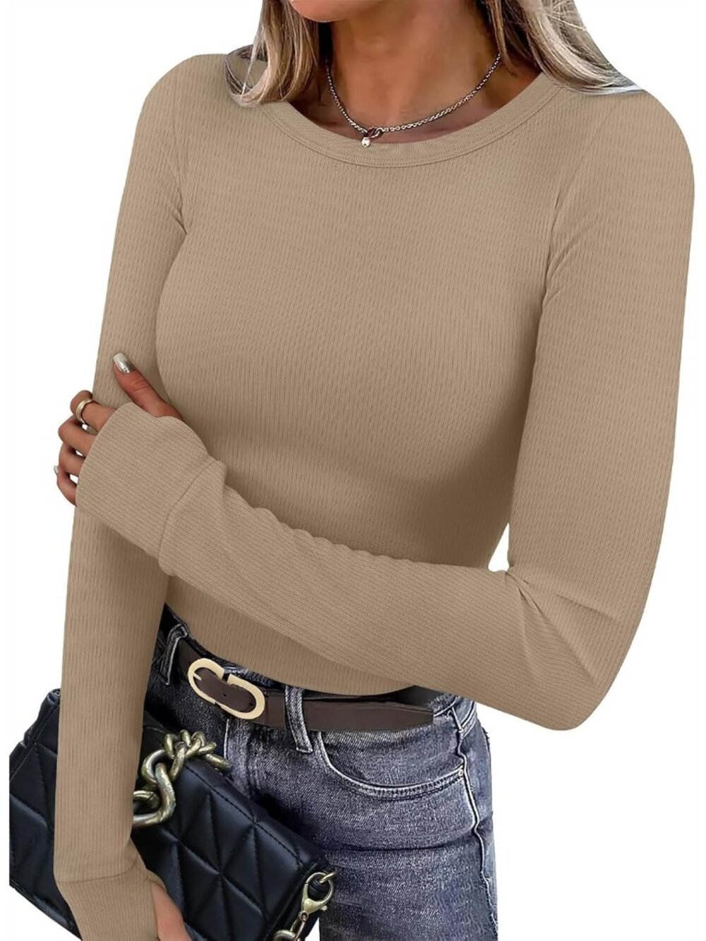 Women's Khaki Crewneck Basic Long Sleeve Thermal Shirt Fleece Slim Fit Tops